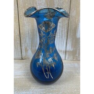 Mid-Century Modern Cobalt Blue With Silver Overlay Decoration 7” Glass Vase